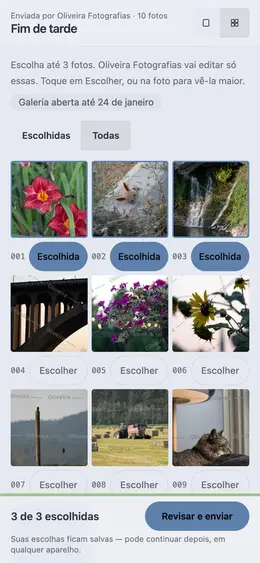 A galeria Fim de tarde no celular da cliente, com 3 de 3 fotos escolhidas.
